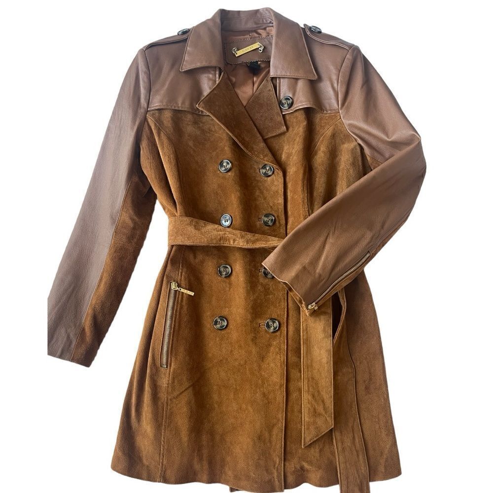 IMAN 70’s Boho Luxe Leather Suede Brown Retro Vintage Inspired Trench Coat L